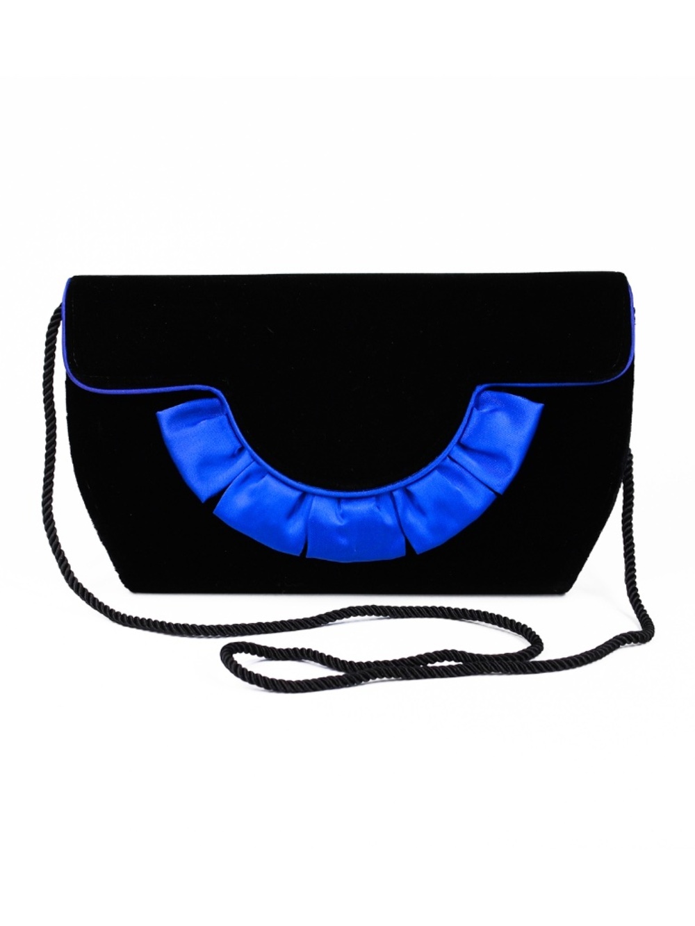 Vintage 80s Bright Blue Satin Ruffle Trim Black Velvet Velour Evening Bag Retro